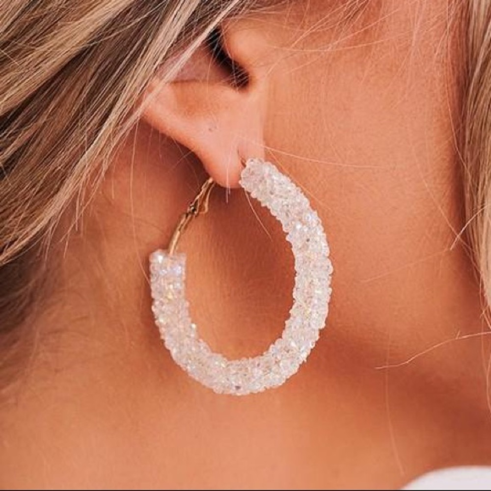 White Crystal Beaded Hoop Earrings